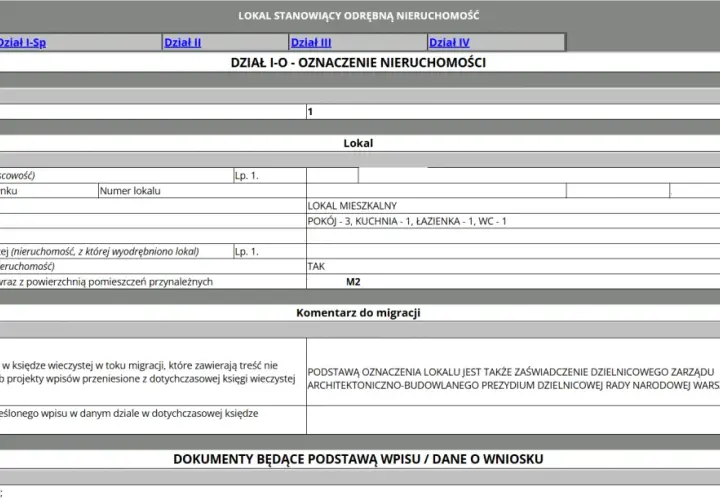 Fragment księgi wieczystej mieszkania w bloku: opis lokalu, kondygnacja, powierzchnia.
