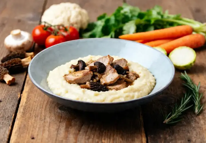Ris de veau aux morilles sur une purée crémeuse. Quel accompagnement parfait pour ce plat ! Des légumes frais en arrière-plan.