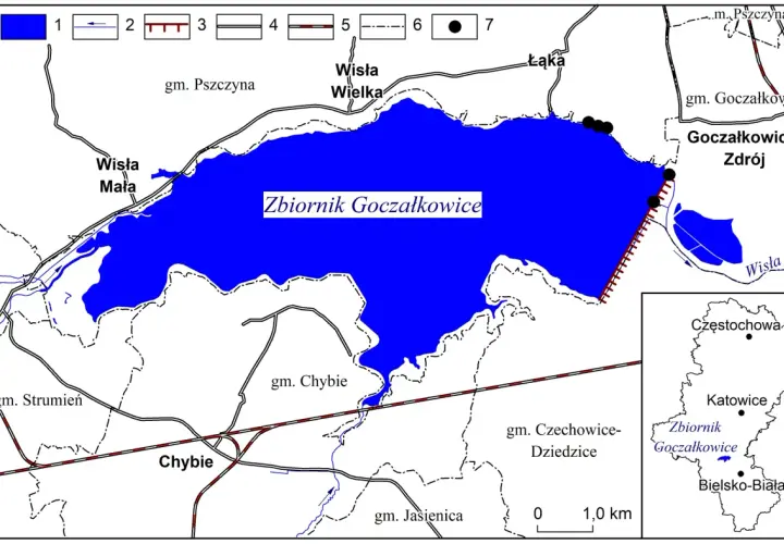 Mapa przedstawia Zbiornik Goczałkowice, otoczony przez gminy Pszczyna, Goczałkowice-Zdrój, Czechowice-Dziedzice i Chybie. Widoczna jest zapora Goczałkowice.