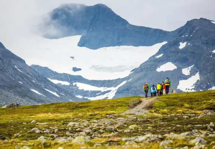 Vandringsgrupp på en grönskande sluttning med en glaciärklädd topptur i Sylarna i bakgrunden.