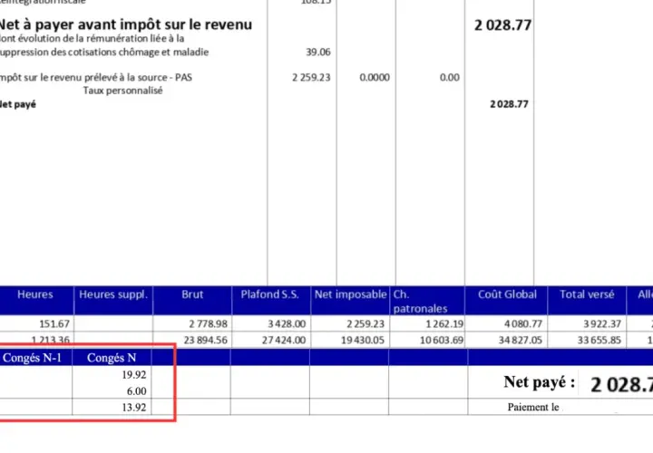 Comprendre sa fiche de paie : le net à payer est de 2028.77, avec les détails des congés acquis et soldés.