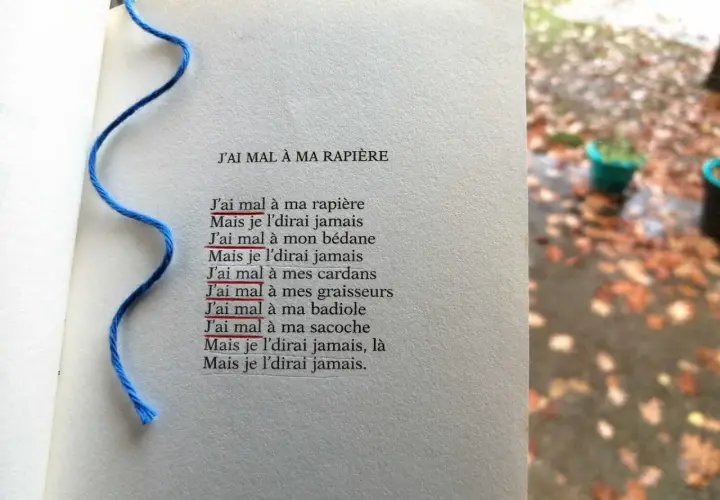 Un poème avec une figure de style répétition en début de phrase : "J'ai mal à ma rapière". Un fil bleu sert de marque-page.