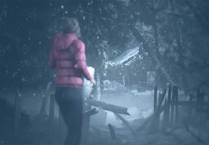 Dziewczyna w różowej kurtce zbliża się do opuszczonej chaty w śnieżną noc. Czy to początek zdobywania until dawn trofea?
