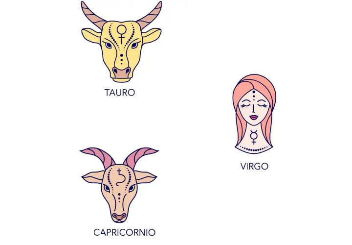 Los signos de tierra Tauro, Virgo y Capricornio representados con sus símbolos astrológicos.