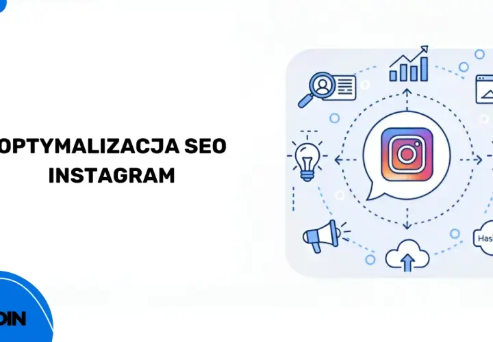 Optymalizacja SEO Instagram: ikona aplikacji, wykresy, żarówki, chmura, głośnik, lupa, hasztagi.