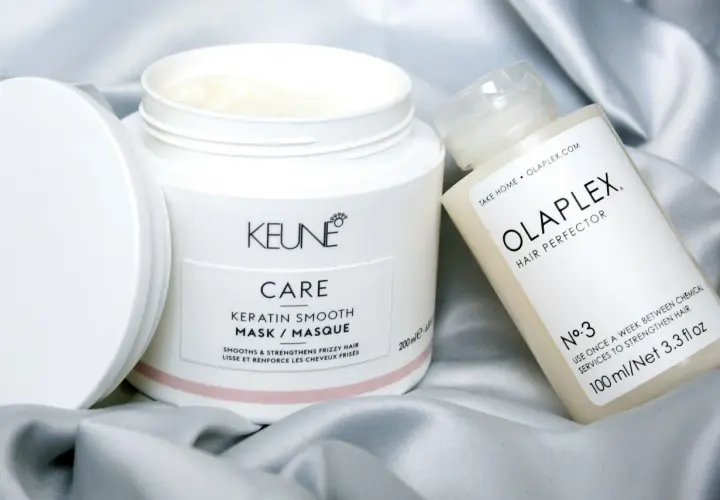 Keune Keratin Smooth Mask och Olaplex Hair Perfector. En bra hårinpackning för frissigt hår.