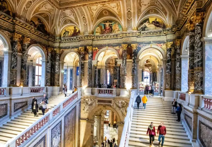 Grand staircase in Vienna's Kunsthistorisches Museum, a highlight of any 24 hours in Vienna visit.