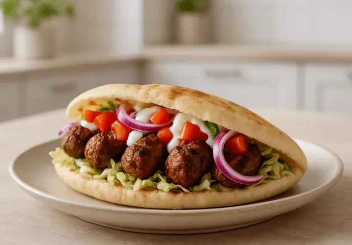 Pyszny kebab w picie z klopsikami, warzywami i sosem.