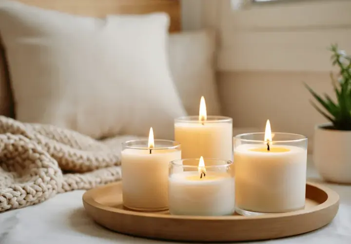 Velas encendidas en un plato de madera, rodeadas de mantas y cojines. Considera alternativas a la parafina, ya que la parafina es cancerígena.