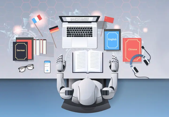 Robot z rękami nad otwartą książką, symbolizujący skutki wprowadzenia sztucznej inteligencji do korekty i tłumaczeń literackich. Obok flagi Francji, Niemiec, Chin, książki i słuchawki.