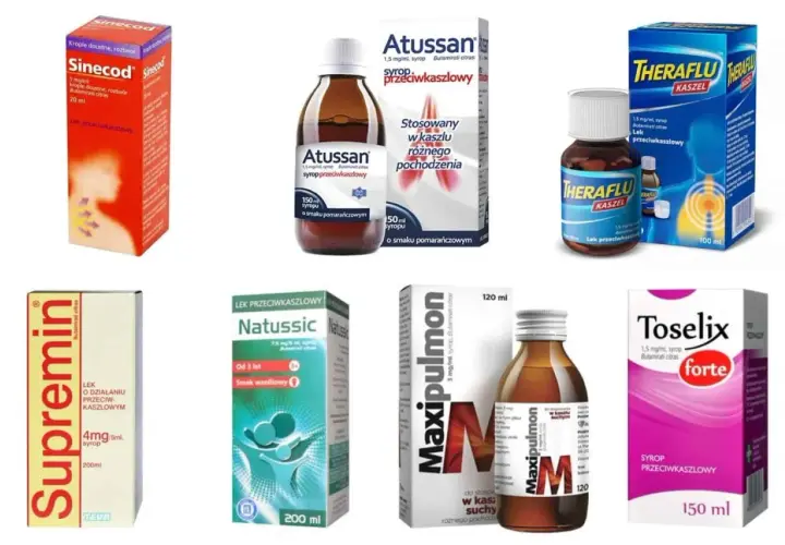 Leki na kaszel: Sinecod, Atussan, Theraflu, Supremin, Natussic, Maxipulmon, Toselix. Wszystkie zawierają butamiratu cytrynian, substancję czynną leków przeciwkaszlowych.