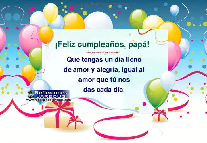 ¡Feliz cumpleaños, papá! Globos, regalos y confeti celebran tu día. Que esté lleno de amor y alegría, como el que tú nos das.