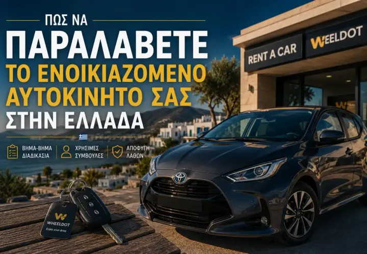 Car keys and a dark grey car parked outside a "Rent a Car" office. Learn about renting a car in Greece requirements.