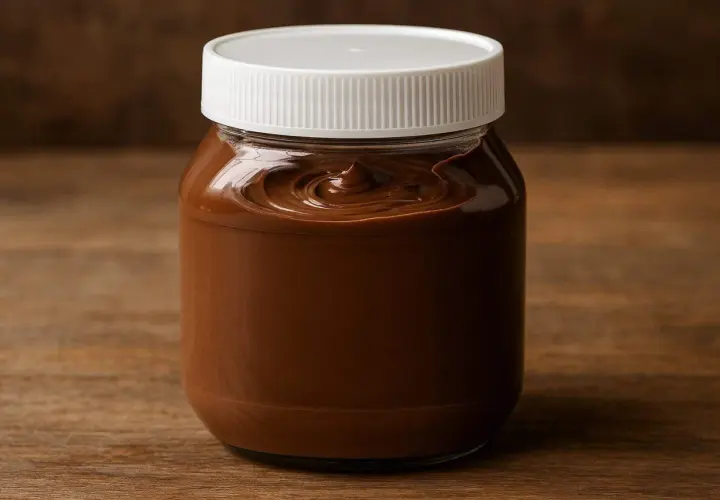 En burk med krämig chokladpålägg, perfekt för frukostmackan. Man kan nästan känna doften av nutella innehåll.