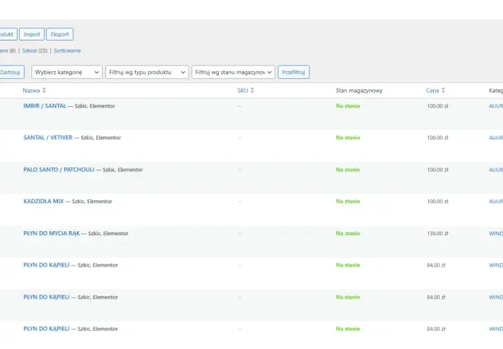 Lista produktów w panelu administracyjnym WooCommerce WordPress: kadzidła, płyny, ceny i kategorie.