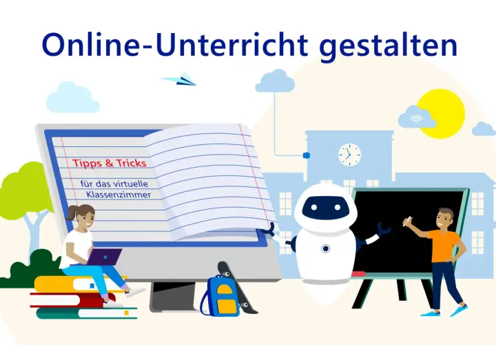 Eine Schülerin lernt am Laptop, ein Roboter und ein Schüler am Whiteboard – Illustration für eine online-unterricht plattform.