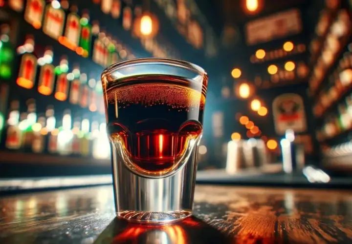 Mroczny, kuszący kieliszek z drinkiem z jagerem, lśniącymi bąbelkami, na tle rozmytych butelek i świateł baru.