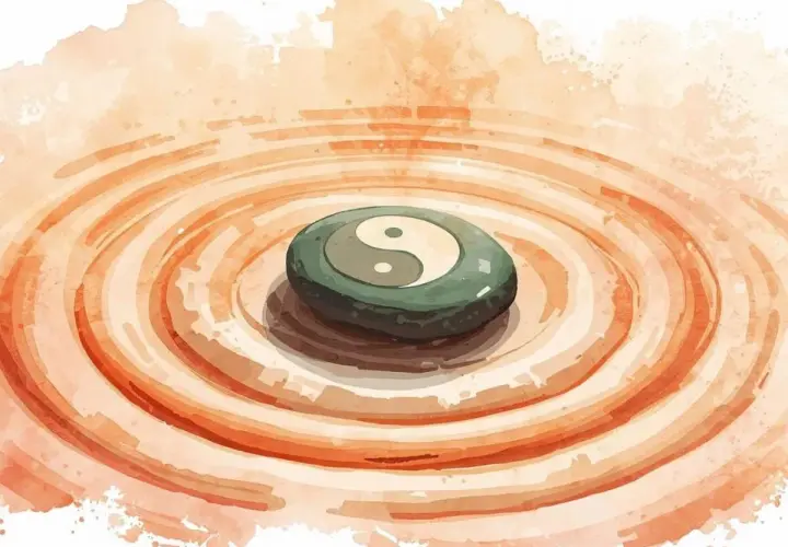Pietra con simbolo Yin e Yang su un letto di sabbia rastrellata, evocando la pace del Tao Te Ching.