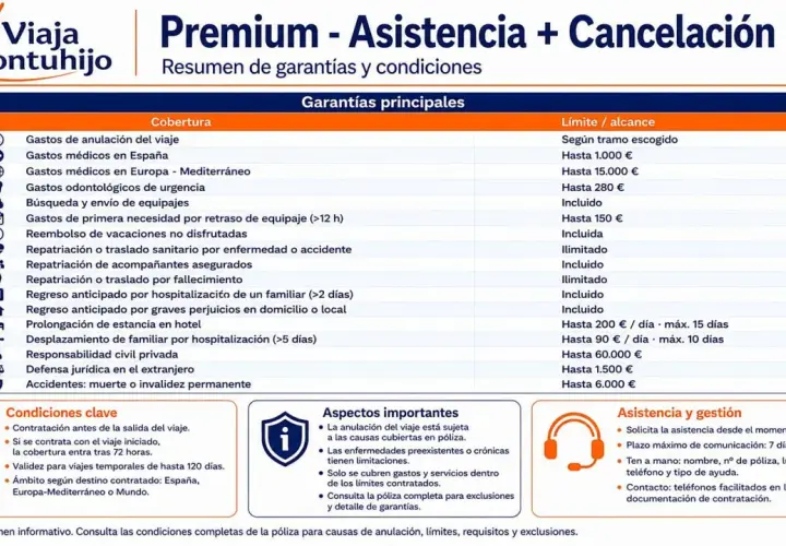 Resumen de seguro de viaje con coberturas como gastos de anulación, médicos y repatriación. Incluye asistencia y gestión para tu tranquilidad.