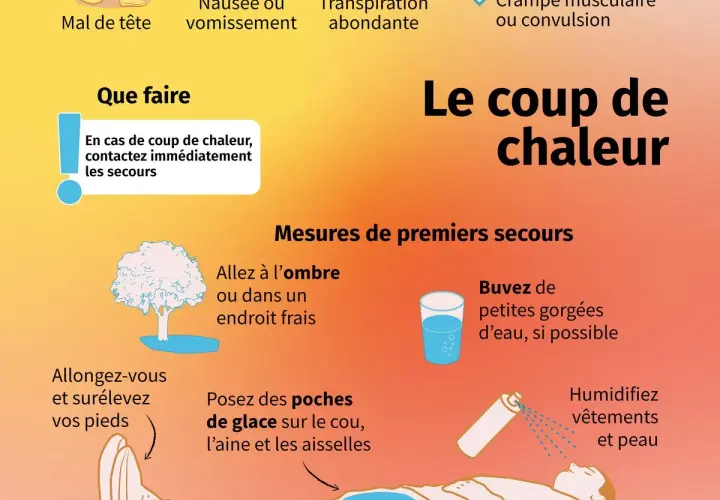 Infographie expliquant comment soigner un coup de chaleur : aller à l'ombre, boire de l'eau, humidifier la peau, allonger la personne et surélever ses pieds.