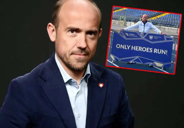 Borys Budka na tle stadionu, z napisem "Only Heroes Run!". Czy wróci do pierwszej linii polityki KO w drugiej połowie 2026 roku?