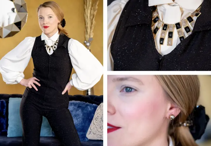 Elegancka kobieta w błyszczącym kombinezonie i naszyjniku, stylizacja inspirowana francuską firmą odzieżową.