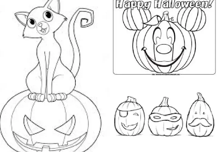 Gato negro sentado en una calabaza sonriente, y otras calabazas para colorear e imprimir.