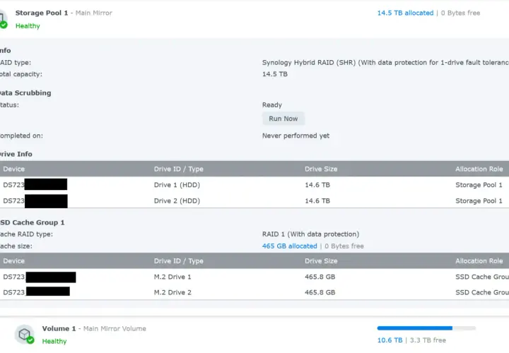 Speicherpool 1 mit RAID 1 (Spiegelung) und SSD-Cache. Zwei 14,6 TB HDDs und zwei 465,8 GB M.2 SSDs sind im Einsatz.