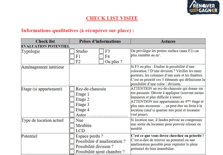 Checklist visite maison : informations qualitatives pour évaluer le potentiel d'un bien immobilier.