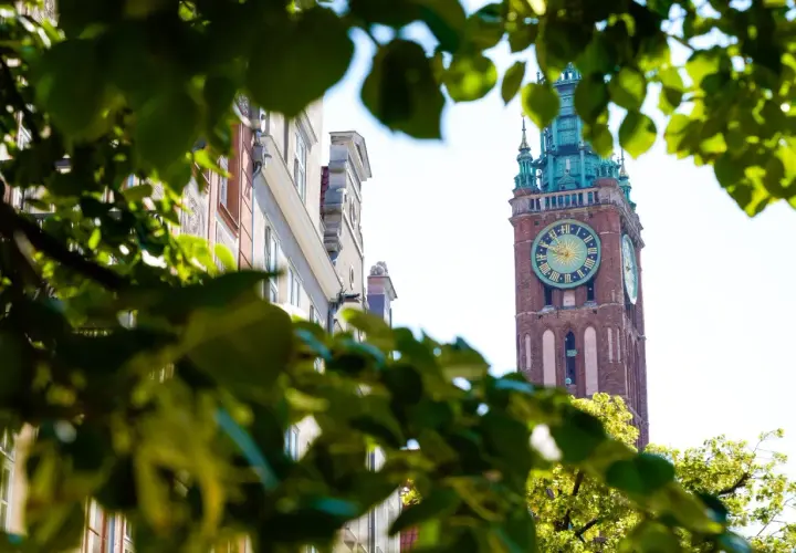 Wieża Ratuszowa w Gdańsku, jeden z pięknych polskich monuments, góruje nad ulicą.