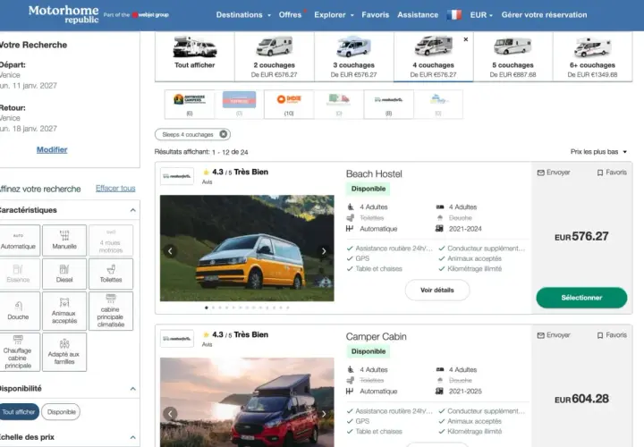 Location de camping-car à Venise : des options pour tous les budgets, avec des modèles de 2 à 6 couchages disponibles.