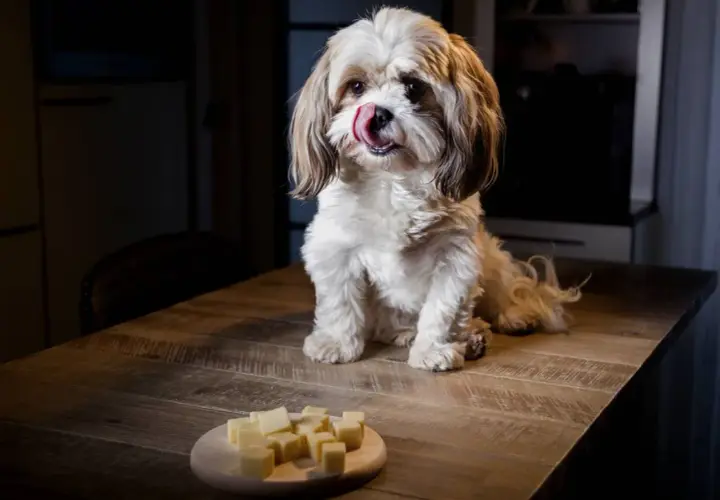 Un perro Shih Tzu con la lengua afuera mira un plato de cubos de queso, demostrando que los perros pueden comer queso.