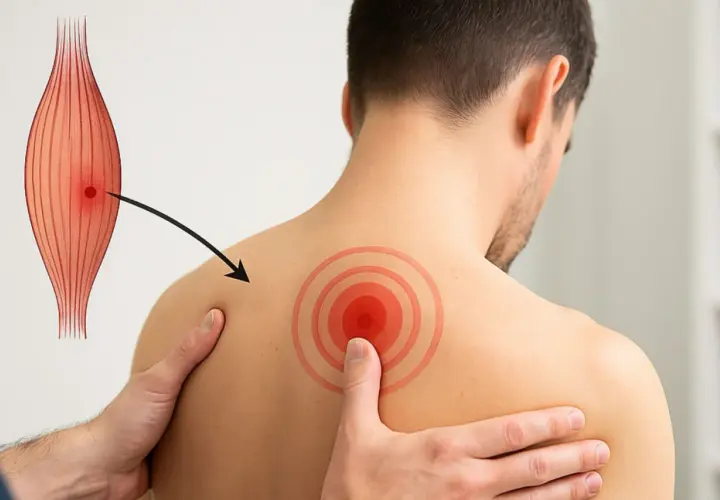 Illustration d'un muscle avec un point rouge indiquant un trigger point psoas, flèche pointant vers une zone douloureuse sur l'épaule d'un homme.