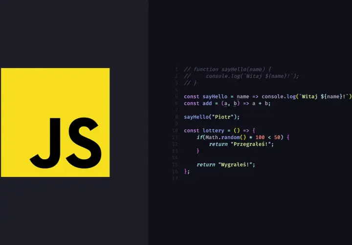 Logo JS obok kodu w JavaScript, który zawiera funkcje powitalne i prostą loterię.