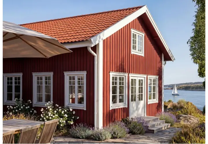 Rött trähus vid havet med vita fönster och en dropplist i fasaden. En segelbåt syns i bakgrunden.