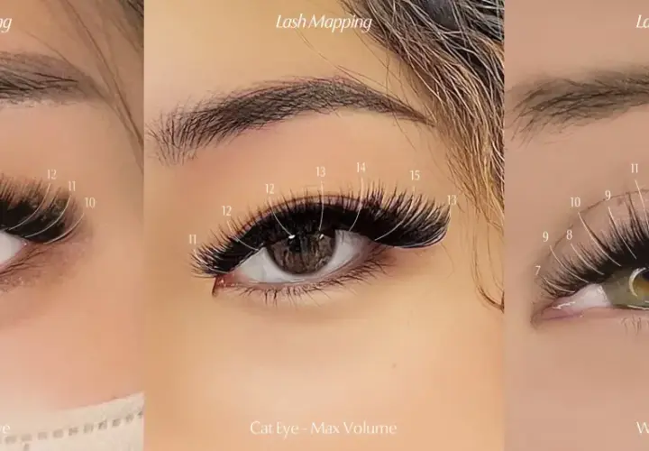 Trzy zbliżenia na oko z doczepianymi rzęsami. Pokazane różne układy rzęs, w tym "kocie oko" i "wispy cat eye", z zaznaczonymi długościami.