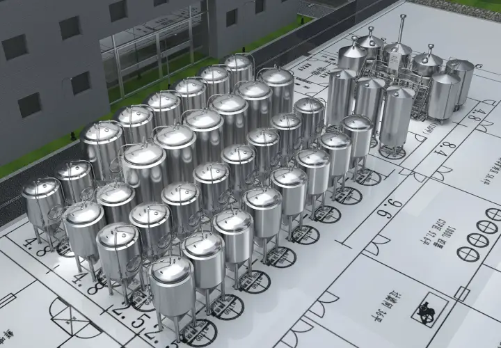 Vue aérienne d'une brasserie avec de nombreux cuves en acier inoxydable. Le plan au sol indique des mesures, suggérant une étude de la masse volumique de la bière.