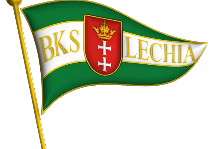 Flaga BKS Lechia Gdańsk z herbem i koroną. Symbol zgody i dumy kibiców.