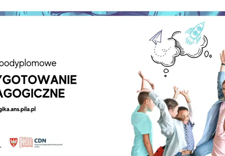 Studia podyplomowe przygotowanie pedagogiczne. Radosna nauczycielka z dziećmi, symbolizująca rozwój i naukę.