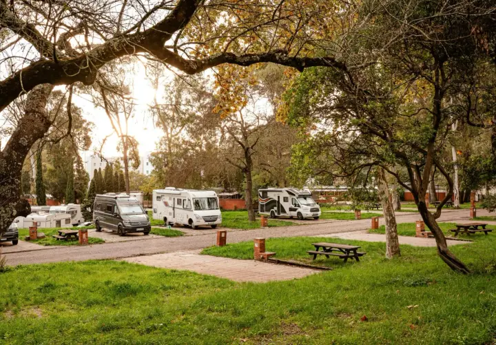 Autocaravanas y furgonetas aparcadas en un camping cerca de Lisboa, bajo la luz dorada del atardecer.