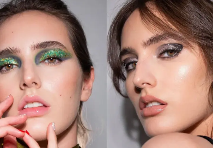 Dos looks de maquillaje de ojos para Navidad: uno con glitter verde y azul, otro con sombras plateadas y pedrería.