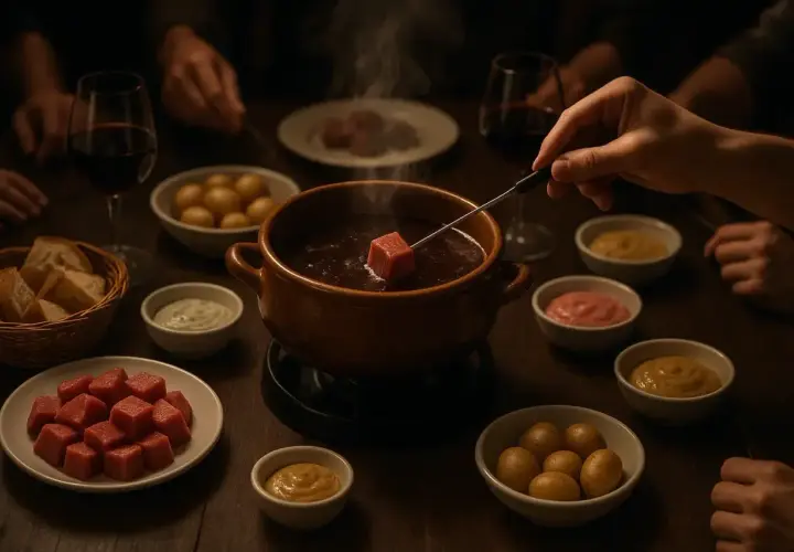 Une fondue sans vin, avec des dés de viande, des pommes de terre, du pain et des sauces.