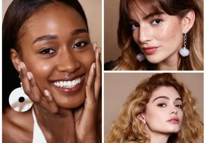 Tre donne sorridono, con focus sui loro volti. Perfetto per capire dove mettere la cipria per un finish impeccabile.