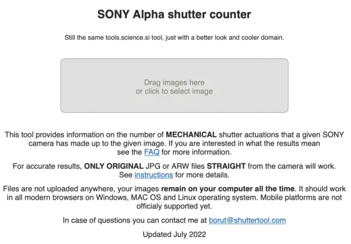 Narzędzie do sprawdzania przebiegu aparatu SONY Alpha. Przeciągnij lub kliknij, aby wybrać zdjęcie.