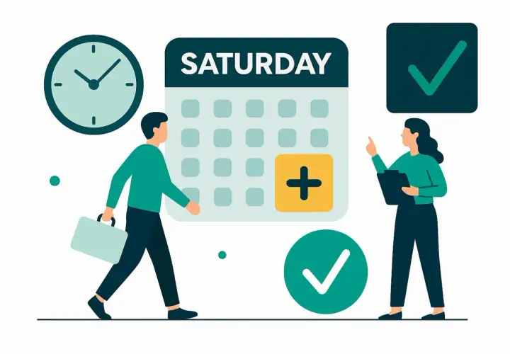 Ludzie planują pracę na sobotę. Kalendarz z napisem "SATURDAY" i plusikiem sugeruje, czy sobota to dzień roboczy.