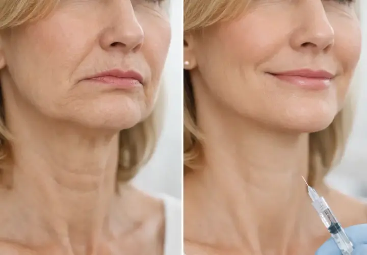 Före- och efterbilder visar en kvinna som får botox för att minska rynkor. Även om botox inte rekommenderas för gravida, kan det ge ett slätare utseende.