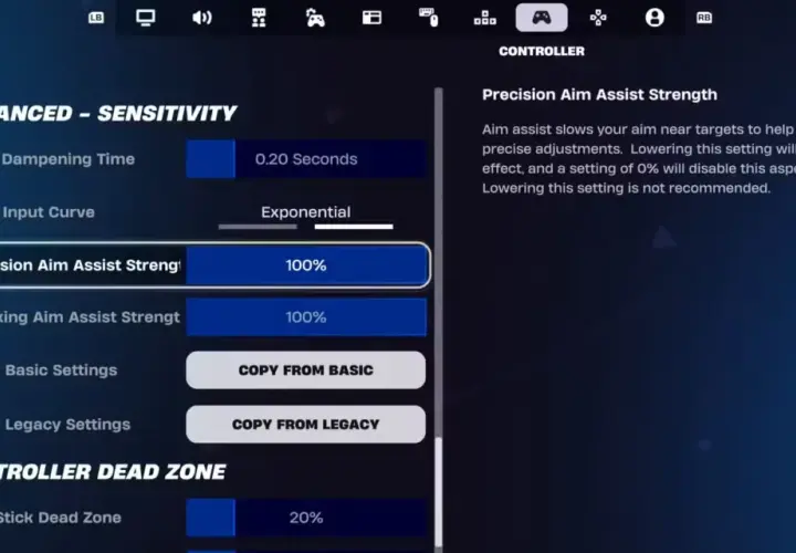 Ustawienia czułości w Fortnite: Precision Aim Assist Strength na 100%.