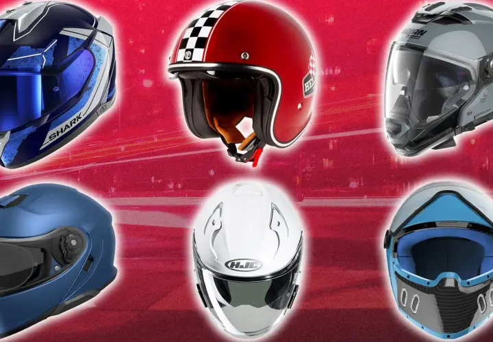 Seis cascos de moto de diferentes marcas, incluyendo Shark y Nolan, con diseños variados. Algunos son integrales, otros abiertos.