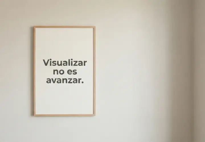 Un cuadro con la frase "Visualizar no es avanzar" cuelga en una pared. Un recordatorio para este agosto, con frases motivadoras que impulsan a la acción.