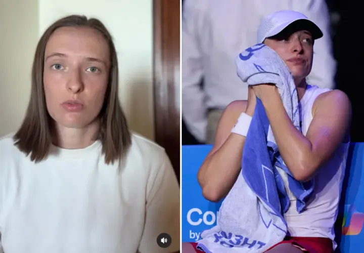 Iga Świątek, zmęczona po meczu, wyciera twarz ręcznikiem. Po drugiej stronie wideo, Iga Świątek w białej bluzie.
